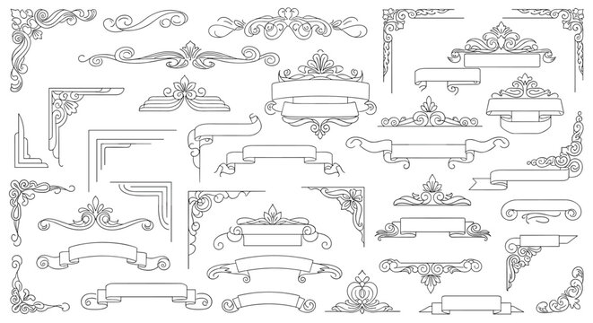 Extensive collection of vintage decorative elements including corners, frames, dividers, and scrolls in black and white line art.
