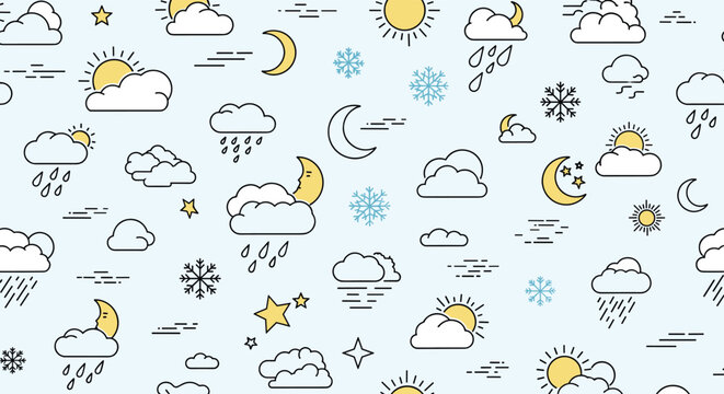Colorful weather icons seamless pattern featuring sun, clouds, moon, rain, and snowflakes on a light blue background.