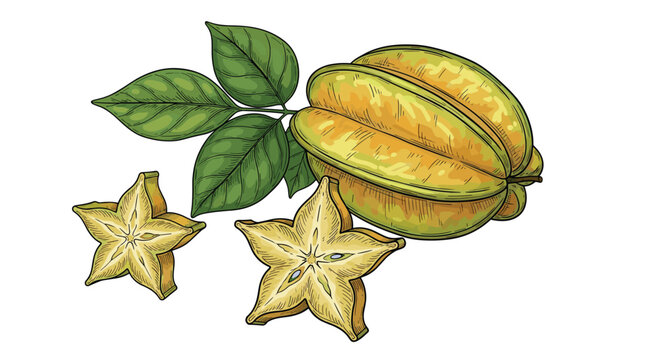 Hand-drawn starfruit illustration featuring whole carambola fruit, star-shaped slices, and green leaves on white.