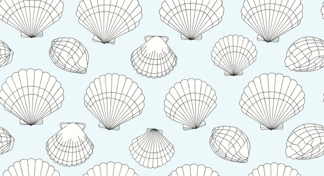 Nautical seamless pattern with various hand-drawn seashell and clam shell illustrations on a light blue background.