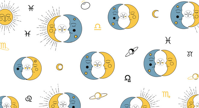 Mystical seamless pattern with celestial sun and moon faces with stars and zodiac signs on a white background.
