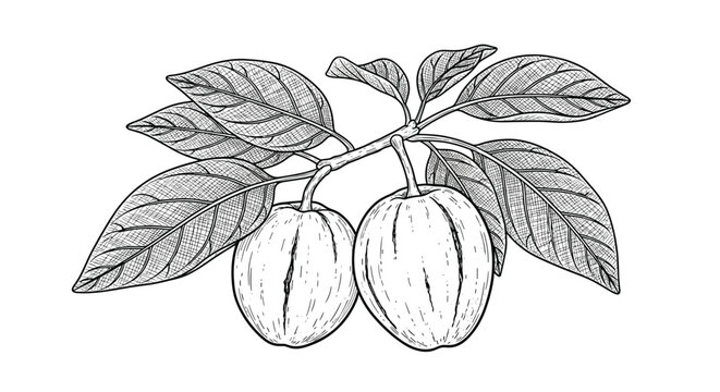 Vintage style black and white line art illustration of a nutmeg branch with whole fruits and textured leaves on white.