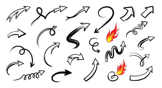 Collection of hand drawn black arrows and red fire flames in various shapes and styles for emphasizing and directing attention in designs.