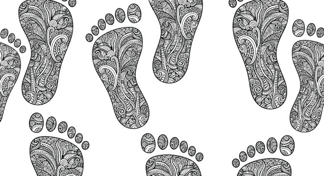 Seamless pattern of human footprints filled with intricate black and white doodle and zentangle patterns for creative background design.
