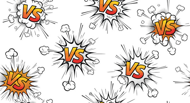 Seamless comic style pattern of explosive vs or versus bubbles with speech clouds and smoke for fight, competition, and action game themes.