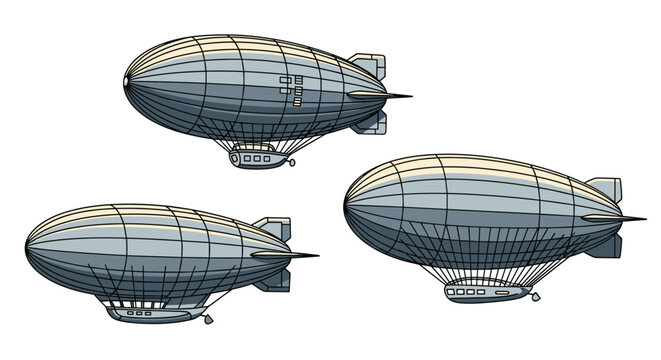 Three gray dirigible airships or zeppelins are depicted from different angles in a detailed technical illustration against a white base.
