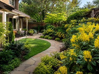 Obraz premium A Tranquil Backyard Oasis Featuring a Stone Path and Blooming Yellow Mahonia Flowers Under Sunlight