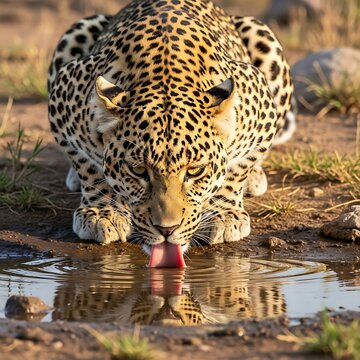 Leopard drinks water.