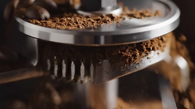Closeup of coffee beans being ground in a grinder for espresso.