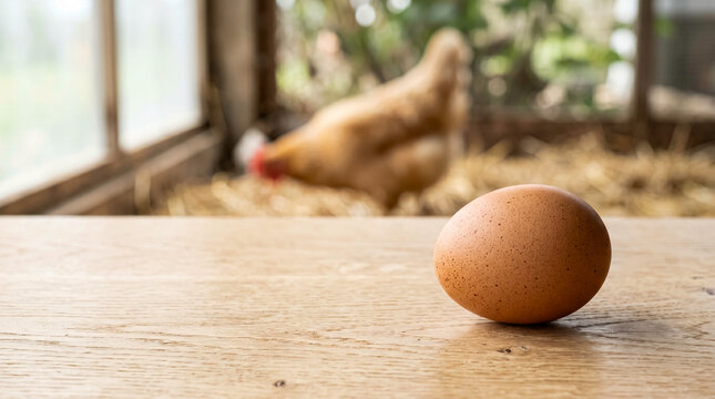 Single raw brown egg resting on a textured wooden surface inside a bright chicken coop. The soft bokeh background reveals a grazing hen, highlighting authentic poultry farming and local produce.