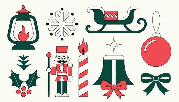 Christmas icons, holiday symbols, festive decorations, vector graphics