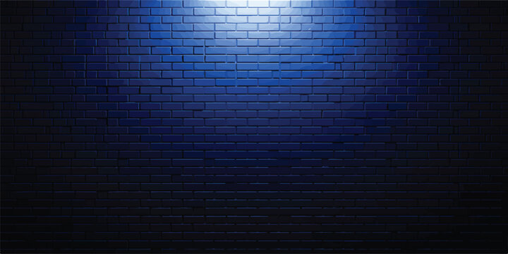 Abstract dark blue brick wall under overhead light with spotlight background architectural construction industrial interior material backdrop vertical minimalist structure gradient
