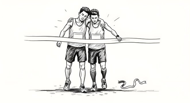 Two runners breaking finish line tape together in sketch art.