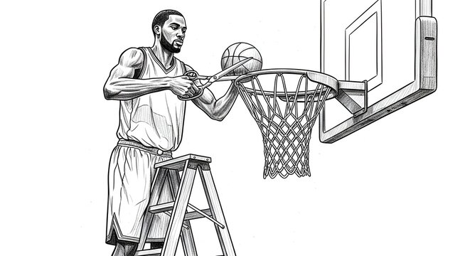 Illustration of man dunking basketball from ladder indoors.