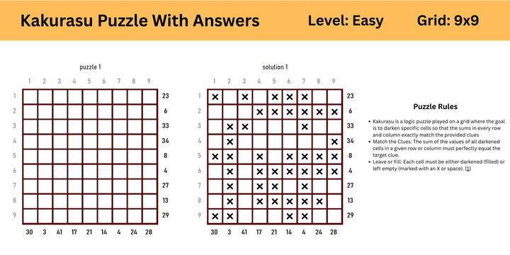 Kakurasu Puzzle With Answers Level Easy Grid 9x9 best to enhance brain muscle memory for both kids and adults perfect for digital use or large print activity or books publishing