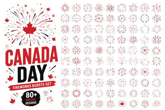 Canada Day fireworks bursts set, 80 unique red and black firework icons, patriotic maple leaf celebration elements for Canadian holiday designs