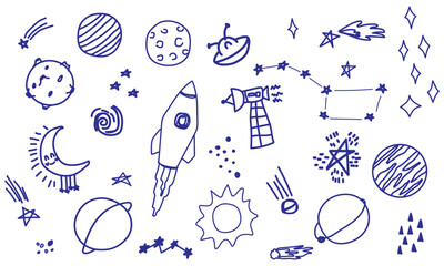 Outer space doodle set with rocket planets stars and moon for nursery and kids design © Oksana