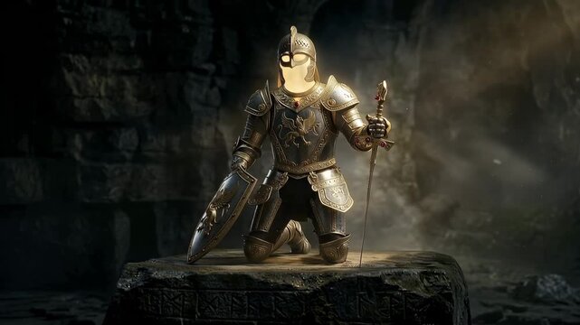 Complete Armor of God kneeling in divine golden light, Christian faith and spiritual warfare concept, cinematic 4K loop