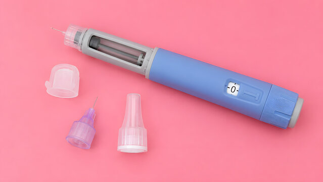 insulin pen with needle and caps on pink background