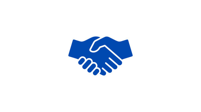 Two blue hands shaking in agreement and partnership.