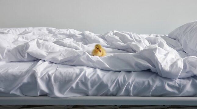 Yellow duckling resting on white rumpled bed sheets