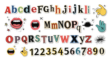 Retro ransom note alphabet and numbers vector set, vintage magazine cutout letters with lips and hand icons, colorful collage typography elements © Allah k hwaly