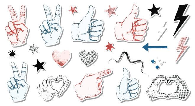Retro hand drawn sticker set with thumbs up and peace signs, vintage sketch hand gestures and heart icons, red and blue doodle vector elements