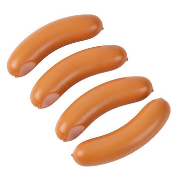 Four delicious fresh pork sausages arranged in a row isolated on transparent background