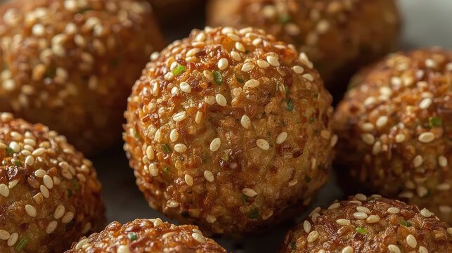 Crispy falafel ball with sesame seed crust and detailed texture, golden brown savory bite