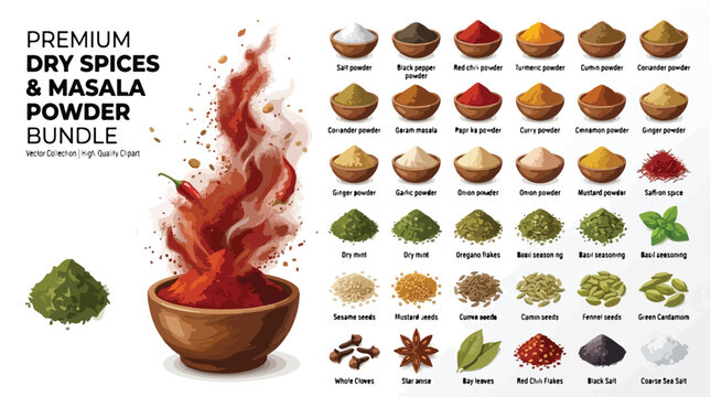 Premium dry spices and masala powder bundle, organic seasoning collection in wooden bowls, aromatic culinary herbs and spice set for cooking