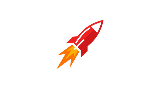 Red rocket blasting off with fiery exhaust.