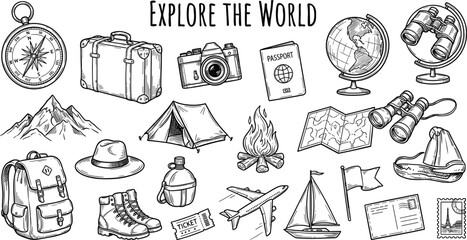Vintage hand drawn travel and adventure vector set, sketch exploring, camping and tourism icons illustration © msthasina