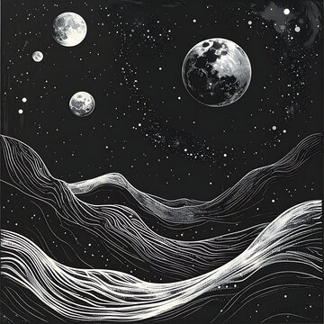Multiple Moons in a Starry Night Sky.
