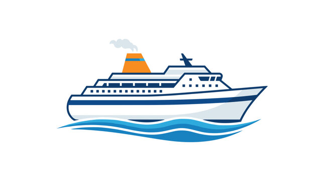 Modern cruise ship sailing on blue waves with smoke from chimney.