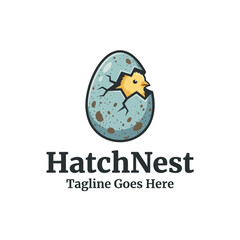 Fototapeta premium Creative logo depicting a yellow baby bird emerging from a blue speckled eggshell, symbolizing birth, new beginnings, growth, and hatching new innovative ideas for a fresh business brand.