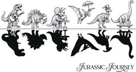 Vintage hand drawn funny dinosaur vector set, engraved style prehistoric animals doing human activities with silhouette reflections © msthasina