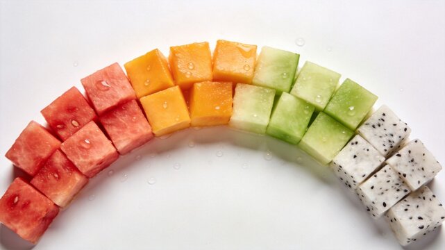 Rainbow Arc of Fresh Fruit Cubes with Watermelon Mango Melon and Dragon Fruit