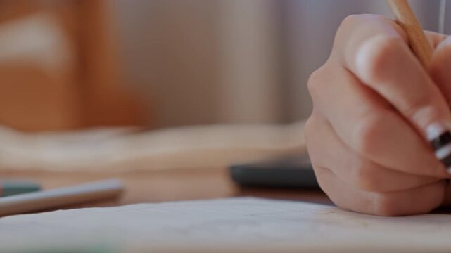 Hand notes sunlight. Writing on notebook with nails. Pencil sketches on humble notebook table. Close view of hand jotting down ideas on notebook with striped nails nearby smartphone