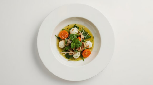 Minimalist healthy salad plating with quail egg cherry tomato basil and microgreens