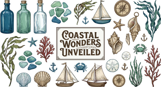 Vintage hand drawn nautical and coastal vector set, marine life illustrations with sailboat, seashell, sea glass and glass bottle