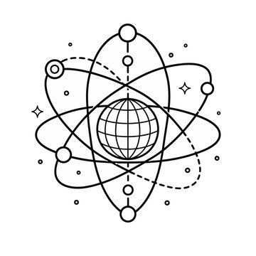 A sleek linear icon symbolizing the intricate web of global science, technology, and universal connectivity, merging the essence of a planet with atomic principles