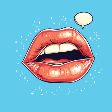 Stylized lips with speech bubble on a vivid blue background, representing communication and expression.