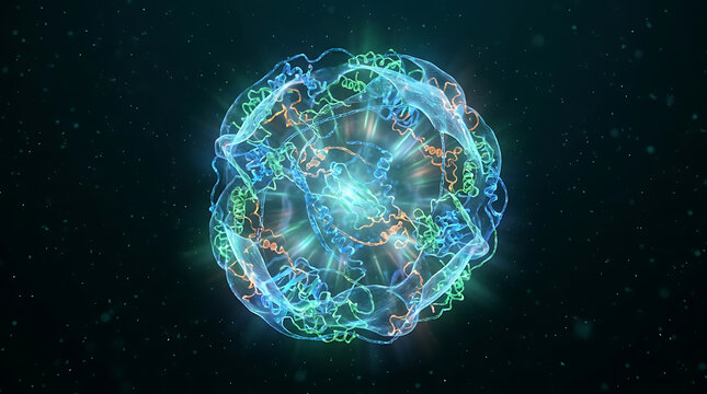 Vibrant neoncolored dna double helix structure with glowing blue green and orange strands on a dark background with starry night sky