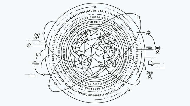 Global Network Connection, Digital Earth, Binary Code, Technology Concept