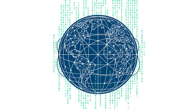 Global Network Connection, Digital Earth Globe, Binary Code Background