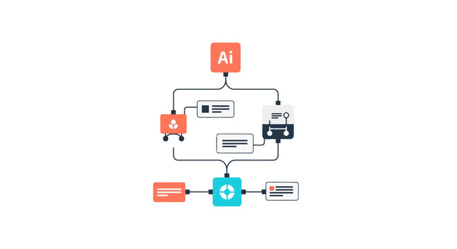 Artificial intelligence system flowchart demonstrating data processing and decision making connections with abstract elements representing algorithms and digital input outputs for technological