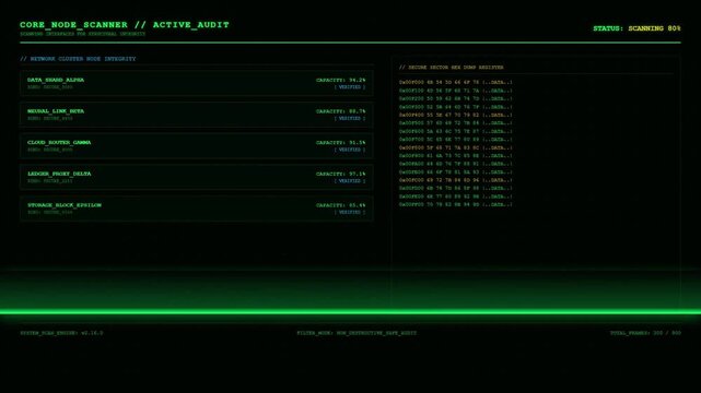 Futuristic Core Node Scanner Active Audit Cybersecurity Hex Dump Register Green UI Dashboard Screen Display.