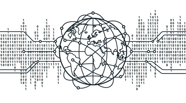 Global Network Connections, Binary Code, World Map, Digital Communication