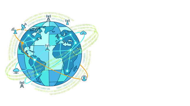 Global Network Connectivity: Digital Earth with Satellite Dishes and Binary Code