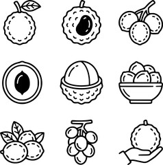 Fototapeta premium Lychee Fruit Icons Set Collection – Line Art Vector Illustration of Whole Lychee, Peeled Lychee, Seed, Fruit Cluster, Bowl, and Tropical Fruit Symbols